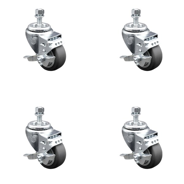 Service Caster 3.5 Inch SS Thermoplastic Rubber Swivel 1/2 Inch Threaded Stem Caster Set Brake SCC-SSTS20S3514-TPRB-TLB-M1215-4 - main